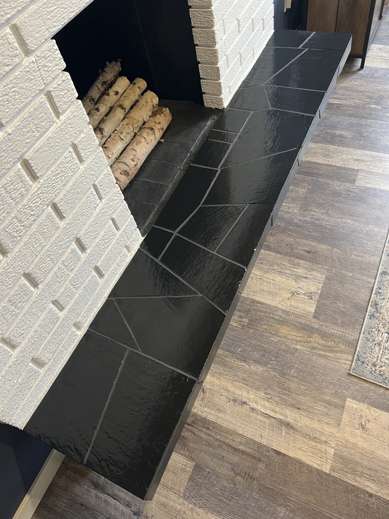 Glossy black painted fireplace ceramic tile hearth
